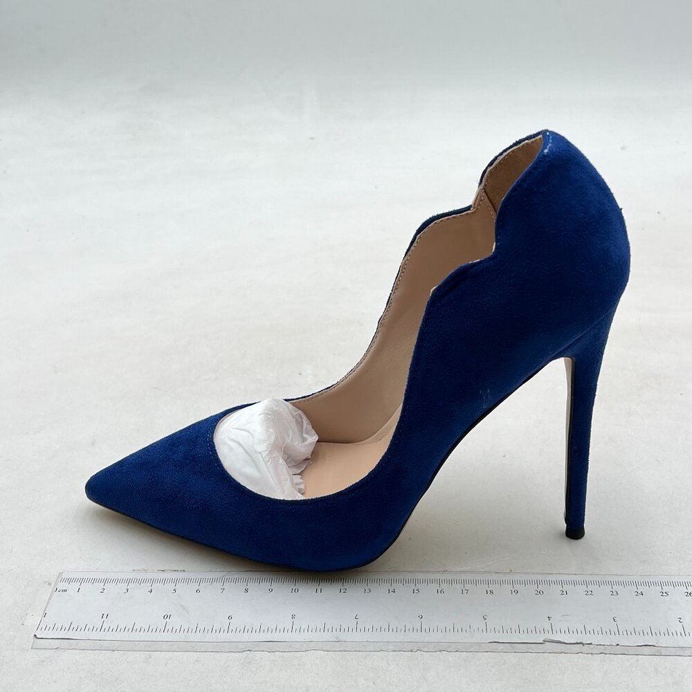 FSJ Navy Blue Suede Scalloped Pointed-Toe Stiletto Heel